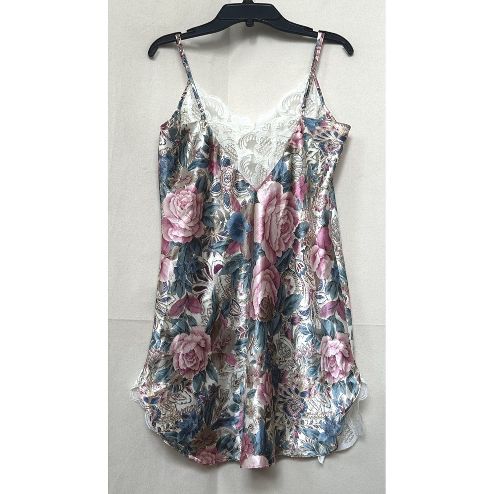 Vtg 90s Victorias Secret Gold Label Coquette Floral Satin Lace Chemise Dress M - Picture 3 of 8